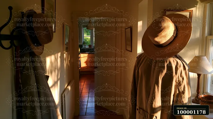 A hallway in a country house displays coat hooks with hats hanging.