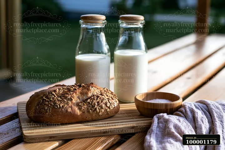 Glass milk bottles arranged beside fresh bread on a wooden table outdoors.