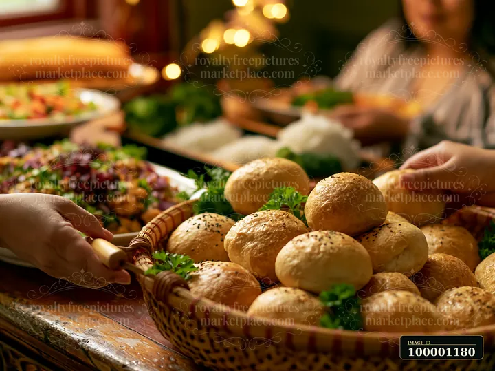 A basket of freshly baked rolls is being served at a holiday buffet dinner.