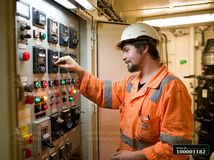 A lighthouse maintenance worker is adjusting a control panel inside a workshop.