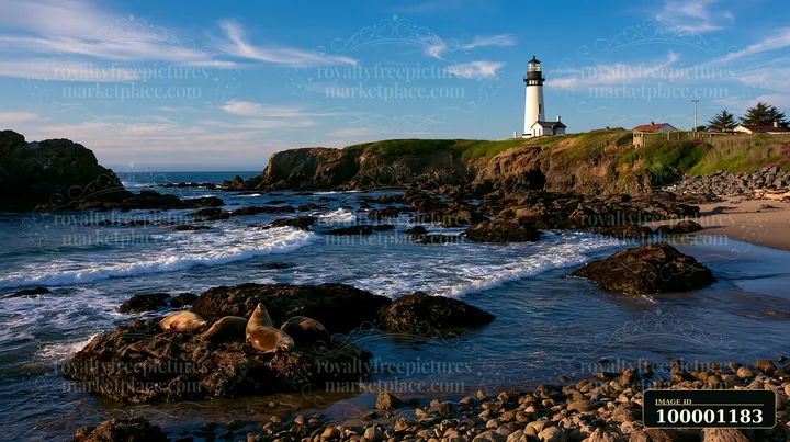 A lighthouse near seals on rocks stands against a backdrop of ocean waves and a clear blue sky.