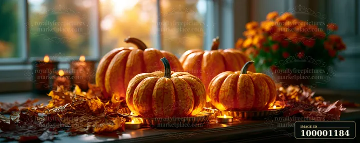 Lit pumpkins rest on a table amid dried leaves and flowers, creating a warm atmosphere.