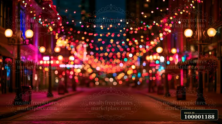 A city street is filled with bright lights and festive decorations during nighttime.
