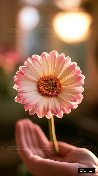 A person holds a flower with pink and white petals in their hand while soft light creates a warm background.
