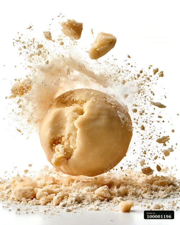 A round dough ball is breaking apart, sending crumbs and flour scattering in all directions.