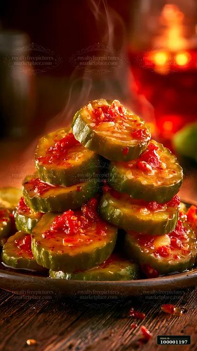 Crisp cucumber slices stacked high with a spicy sauce on top, set against a warm, rustic background.