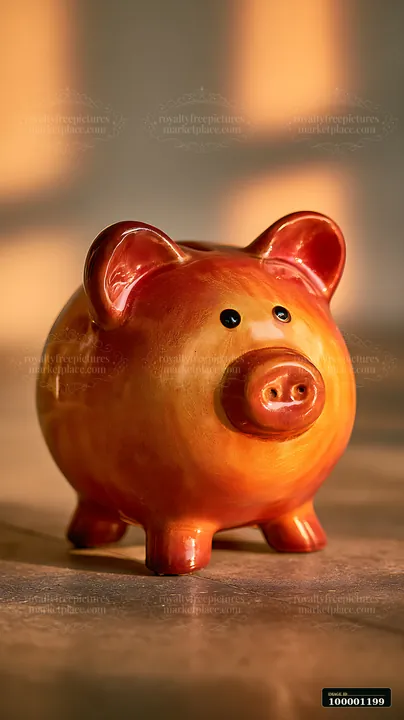 A ceramic piggy bank stands on a textured surface with warm light casting shadows.