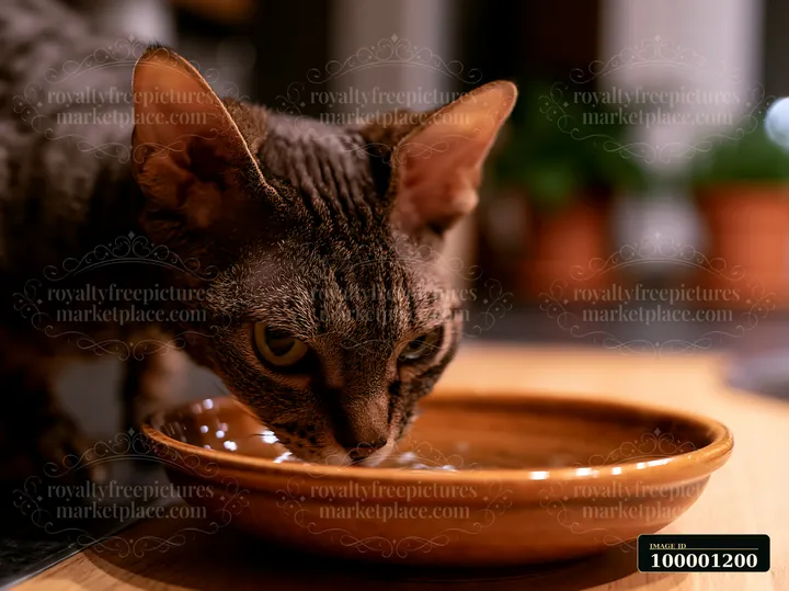 A German Rex cat is drinking water from a brown bowl in a home environment.