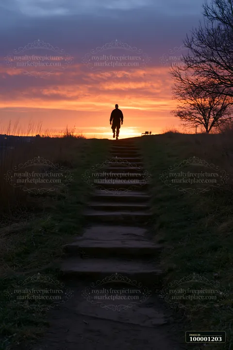 A soldier silhouette at dawn climbs stone steps leading to a hilltop.