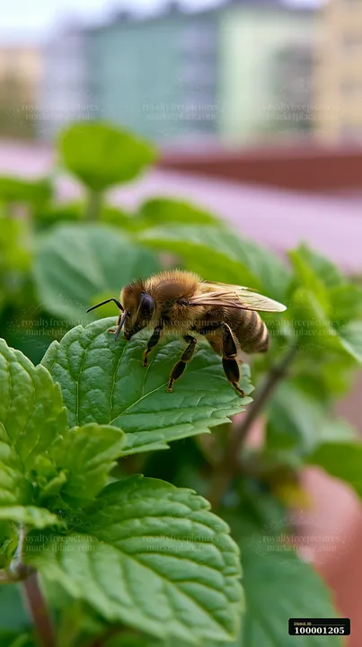 A honey bee is resting on a green leaf in an urban garden.