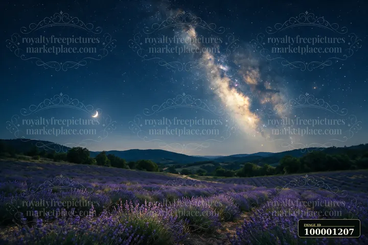 A lavender field stretches under a starry sky featuring the Milky Way and a crescent moon.