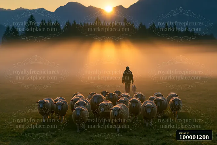 Sunbeams over a misty meadow illuminate a flock of sheep as a shepherd walks behind them.