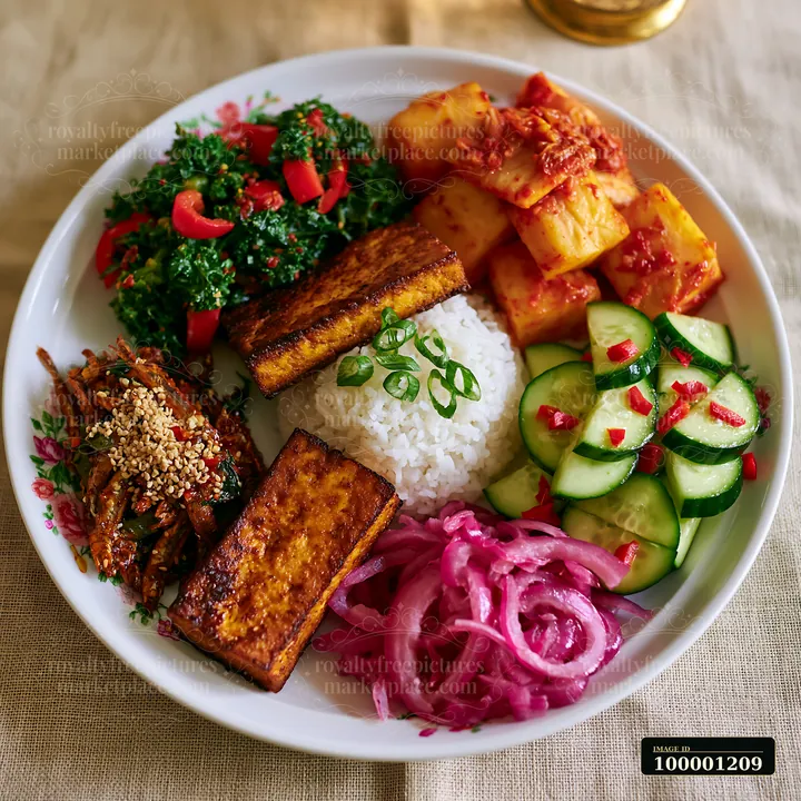A breakfast plate with Korean breakfast shows various dishes including rice, tofu, vegetables, and pickles arranged neatly.