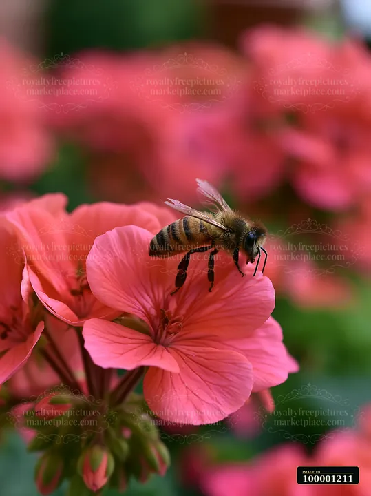 A honey bee crawling on petal of a pink flower in a vibrant garden during daylight.