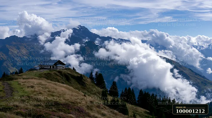 A mountain lodge sits on a ridge with dramatic clouds around alpine peaks in a mountainous area.