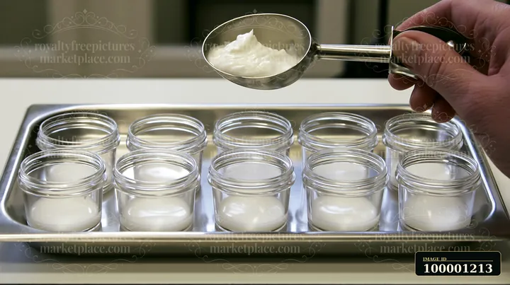 A person holds a metal scoop filled with cream above several small glass jars on a stainless steel tray.