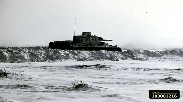 A panzer tank moves through deep snow, showcasing its heavy body against a stark winter landscape.