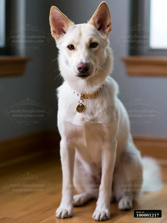 A white dog with pointed ears and a collar sits in a studio setting.