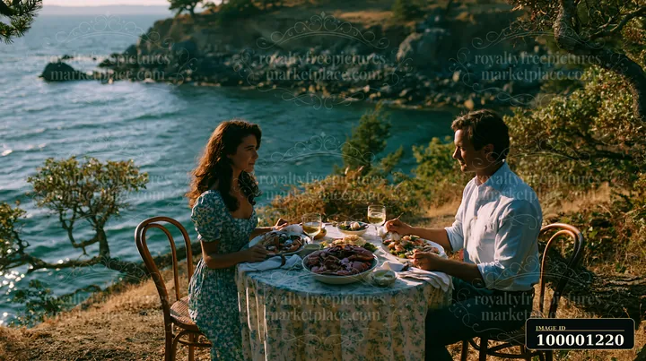 A couple sits at a table enjoying a beach picnic buffet with diverse dishes and drinks while overlooking the ocean.
