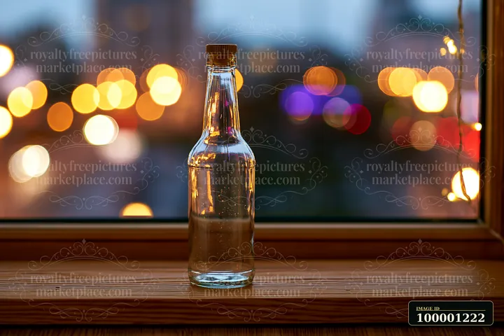 An empty bottle after party rests on a windowsill with blurred city lights in the background, capturing the atmosphere of a fun night.