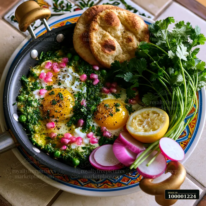 A spring breakfast plate features two poached eggs atop a bed of greens with herbs, surrounded by pita bread, radishes, and lemon.