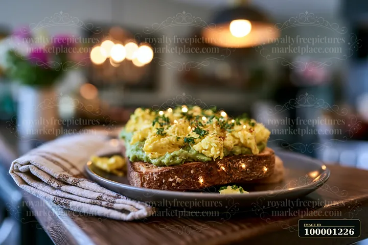 A breakfast plate with avocado toast topped with scrambled eggs sits on a wooden table in a café.