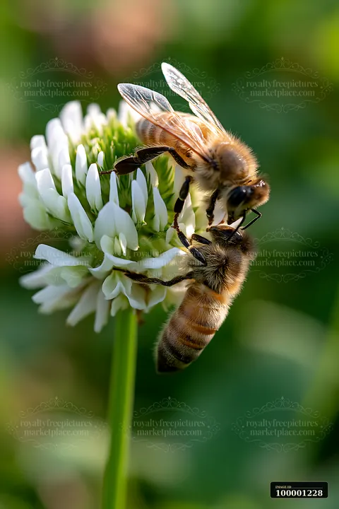 A honey bee is seen from below as it gathers nectar from a white clover flower in a garden setting.
