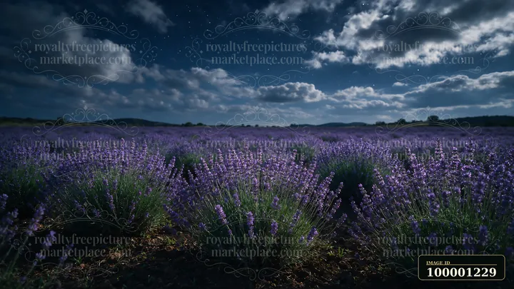 Lavender fills the field with purple as stars shine in the night sky.