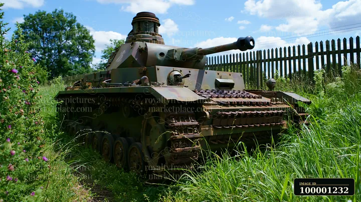A panzer tank surrounded by grass sits in a rural area, partially obscured by tall green grass and flowers, under a bright blue sky with scattered clouds.