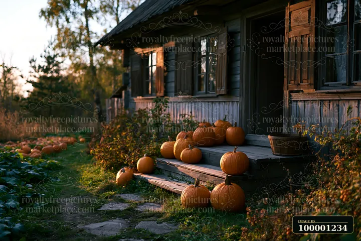 A rustic house with wooden shutters stands next to a garden filled with pumpkins.
