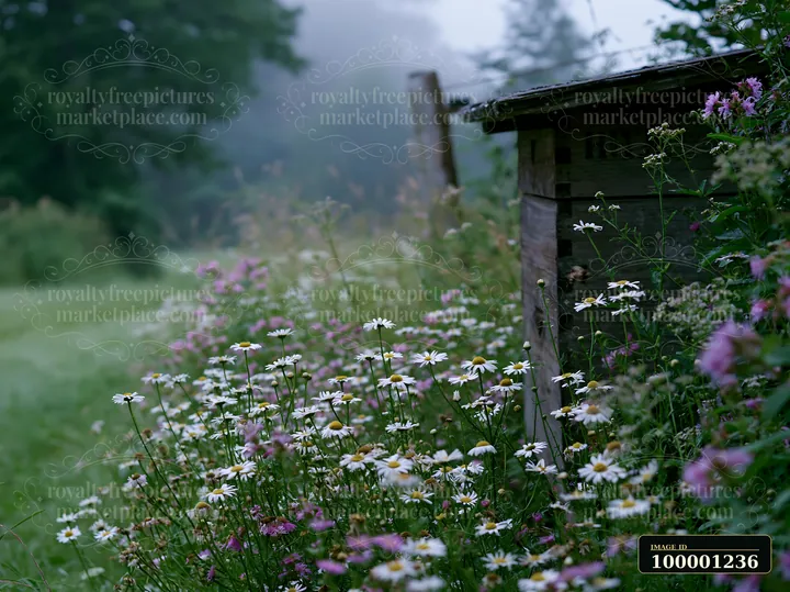 Wildflowers bloom along a wooden fence in a meadow in morning mist.