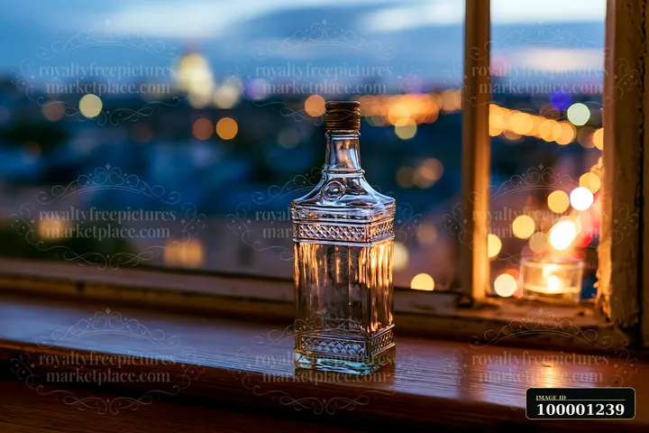 An empty bottle after party sits on a wooden window sill as city lights glow in the background.