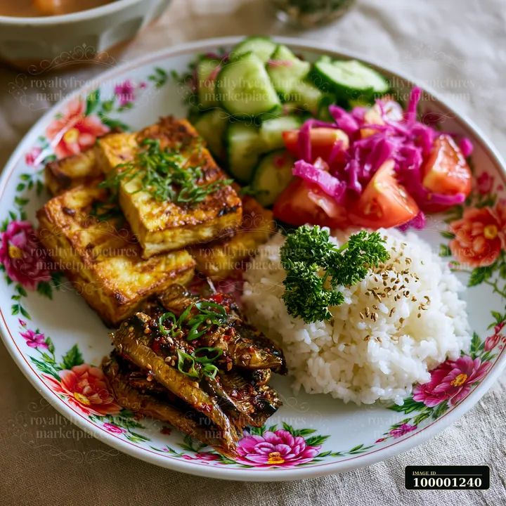 A breakfast plate with Korean breakfast shows rice, tofu, cucumber salad, pickled vegetables, and fresh herbs.