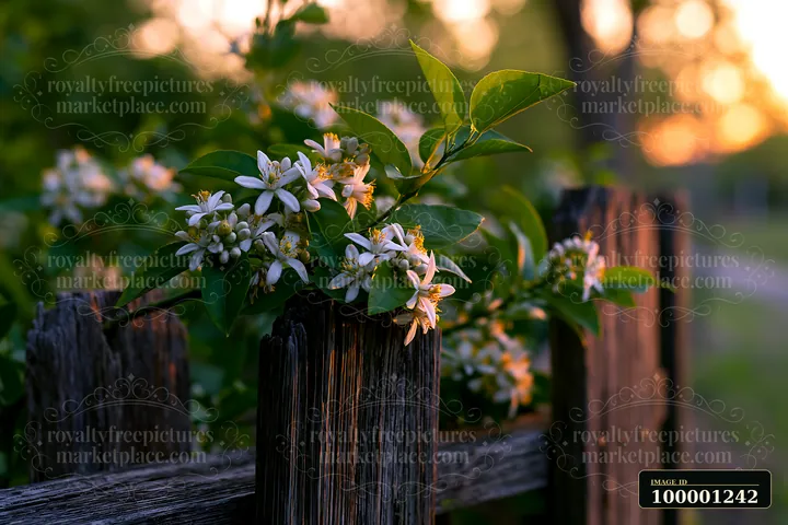 Lemon tree blossoms in sunlight show delicate white flowers growing on a fence.