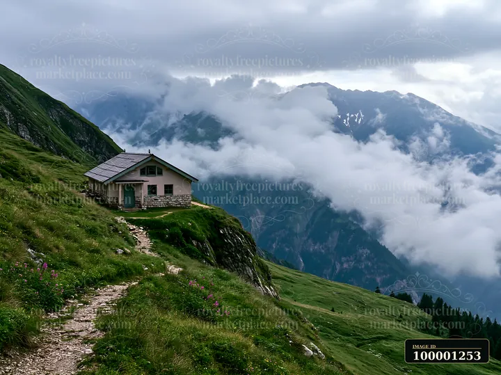 Clouds fill the sky around tall alpine peaks, while a small mountain hut sits on a narrow path.