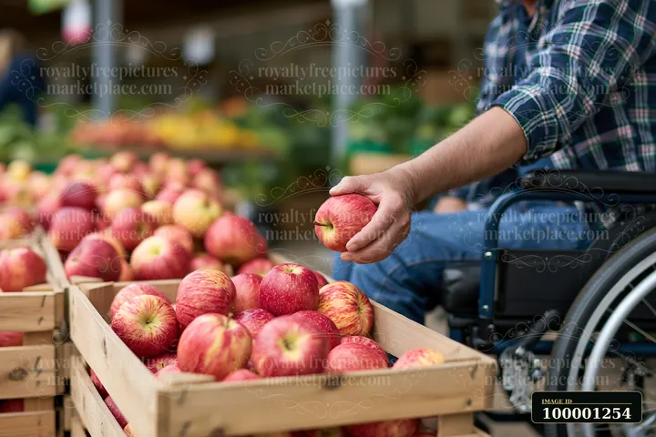 A person with muscular dystrophy using a wheelchair reaches for a red apple at a market.