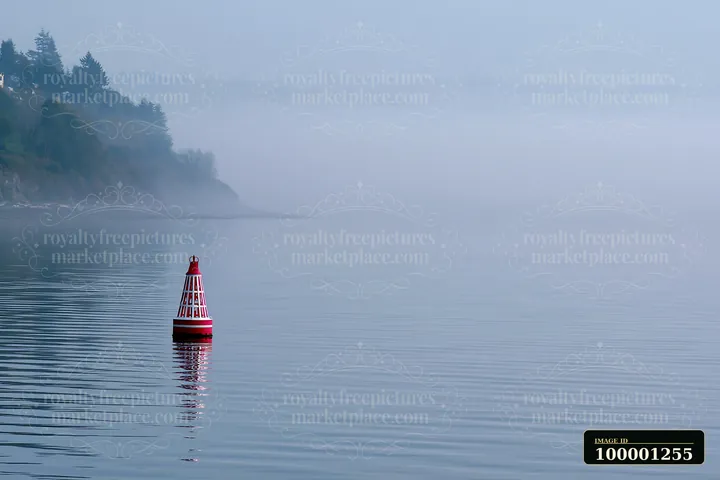 A buoy floats in calm waters as a coastline covered in sea fog looms in the background.