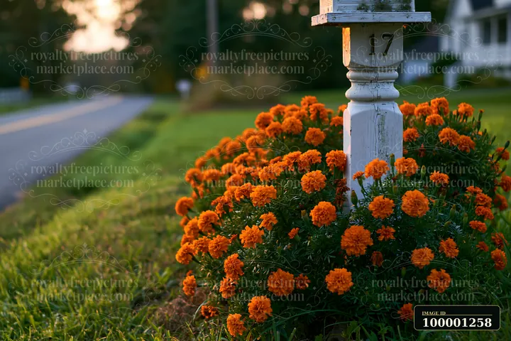 A vibrant marigold flower bed grows near a white mailbox along a quiet road.
