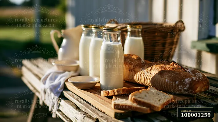 Glass milk bottles arranged beside fresh bread sit on a wooden table in a rustic outdoor setting.