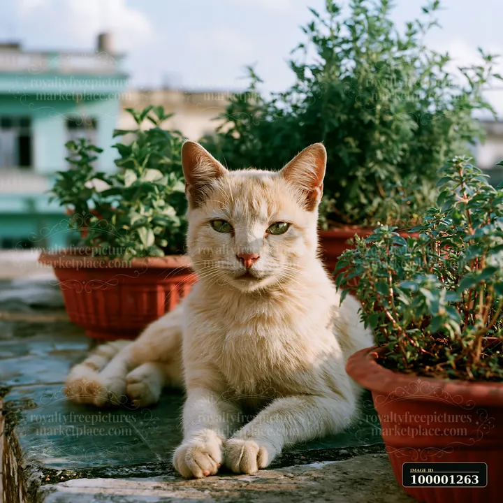 A Mandalay cat rests on a rooftop, lying among green potted plants under a clear sky.