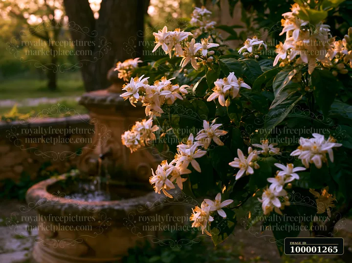 Lemon tree blossoms in sunlight create a vibrant scene next to a stone fountain in a garden.