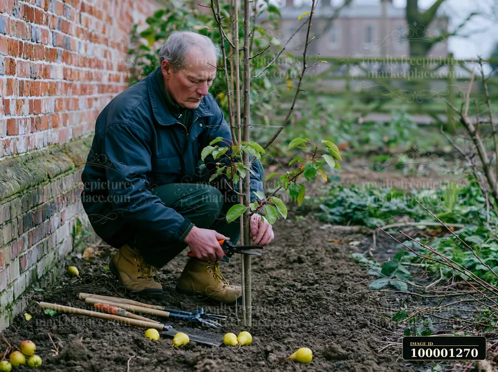A gardener is planting fruit trees around country house while crouching on the ground.