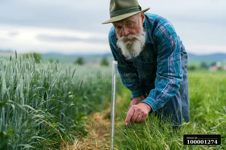 A farmer inspecting meadow crops bends down to check the growth of plants near a measuring stick.