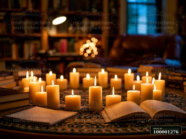 Candles arranged in a circle illuminate a cozy room filled with books.