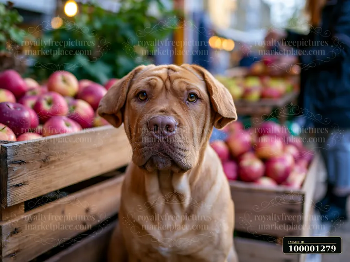A rare dog breed sits among wooden crates filled with fresh apples at a bustling farmers market.