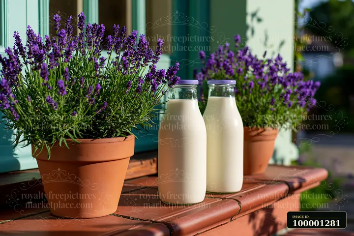 Glass milk bottles are placed on a doorstep with lavender pots on each side.