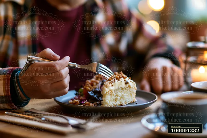 A person with limited hand mobility using utensils eats dessert in a cozy cafe.