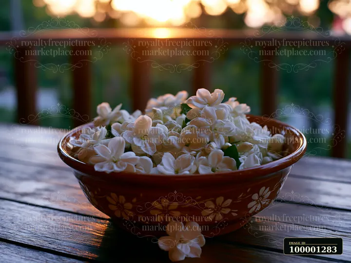 Jasmine flowers at dusk are placed in a bowl on a wooden table as sunlight creates a warm glow in the background.