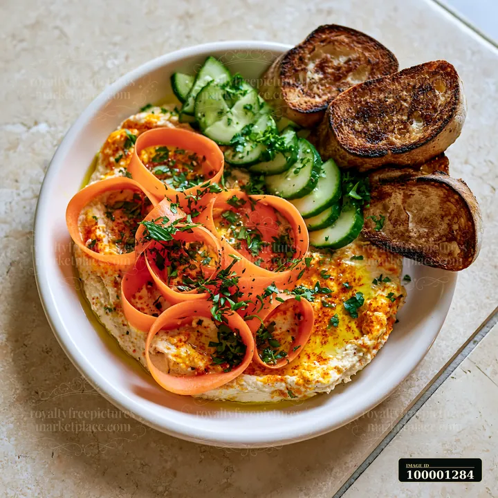 This breakfast plate features hummus topped with sliced carrots and a side of cucumber.