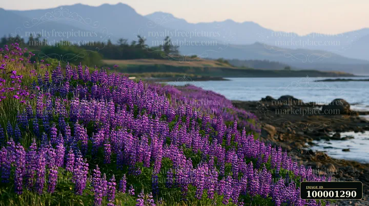 A vibrant display of purple flowers lines the shore of an island, with mountains in the background.